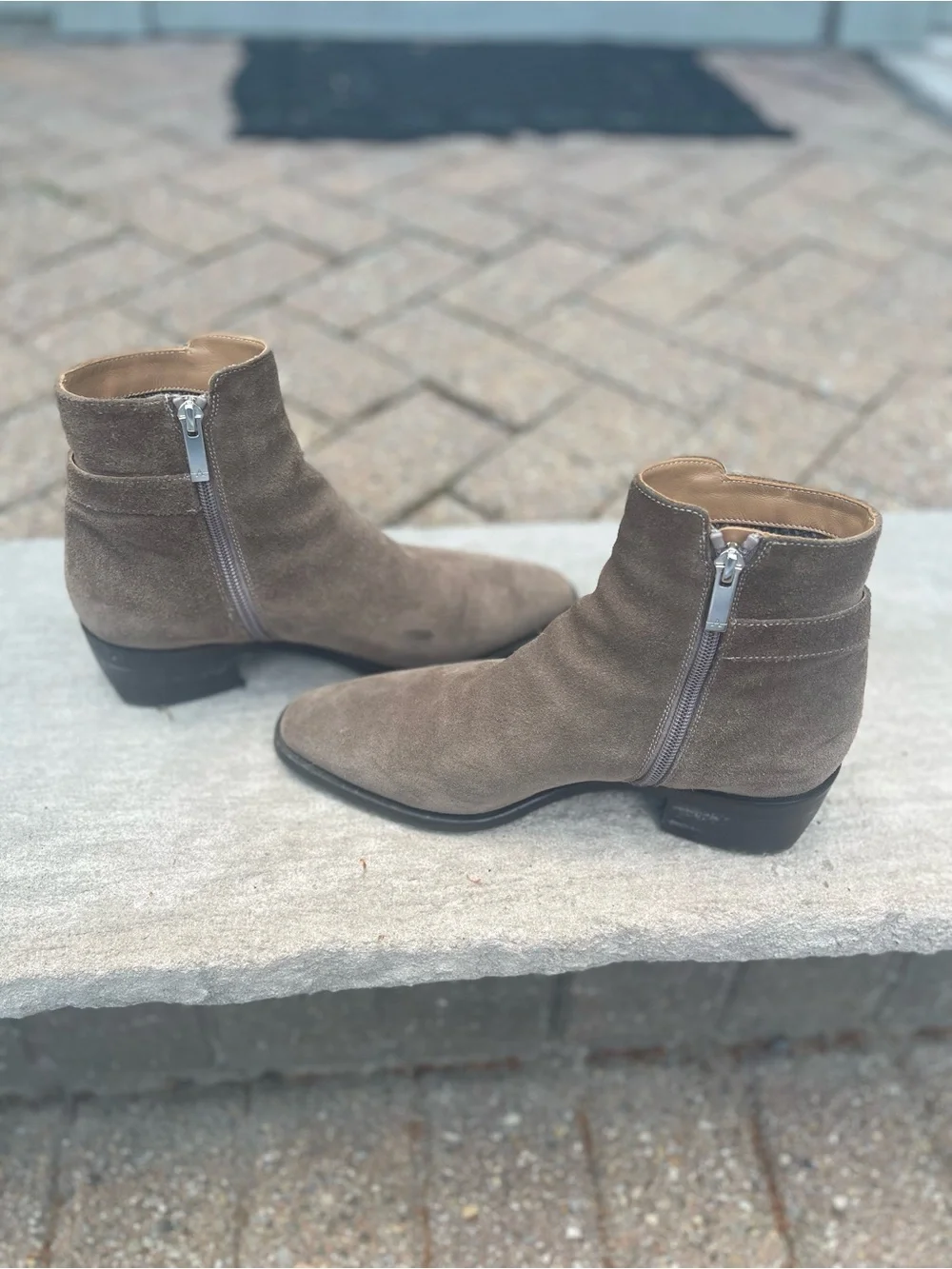 Aquatalia Taupe Suede Ankle Booties with Silver Buckle
